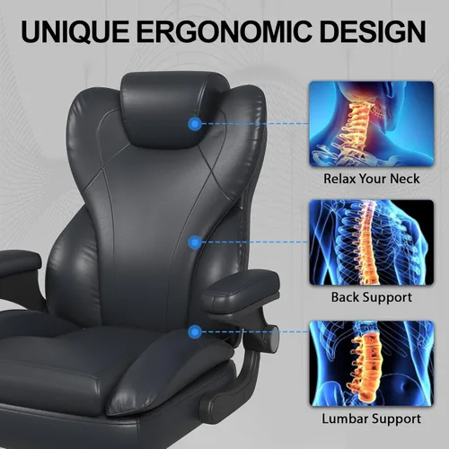 Miniatura 4 de Hovos Silla de oficina, ergonómica grande y alta silla de cuero de escritorio con brazos abatibles acolchados, bloqueo de inclinación ajustable