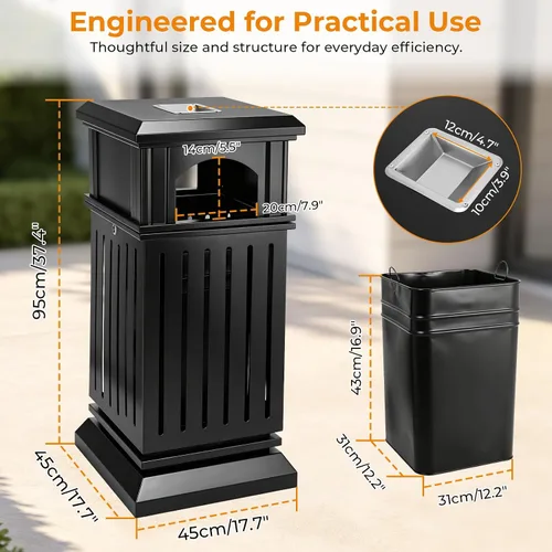 Miniatura 7 de BEAMNOVA Cubo de basura negro para exteriores, bandeja superior de acero inoxidable con tapa de bloqueo, contenedor de basura industrial resistente