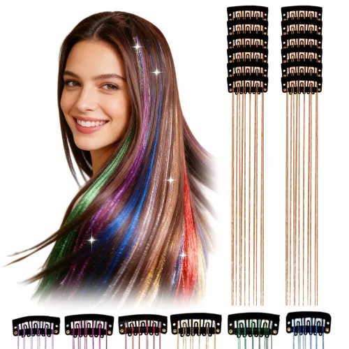 Miniatura 19 de 12 extensiones de cabello de oropel con clip, color champán, extensiones de cabello de oropel con clip, extensiones de cabello con purpurina