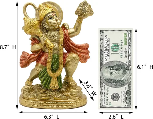 Miniatura 5 de Estatua hindú de Dios Señor Volador Hanuman – Escultura de Ídolo de la India Murti Pooja – Figura con acabado de oro indio para decoración