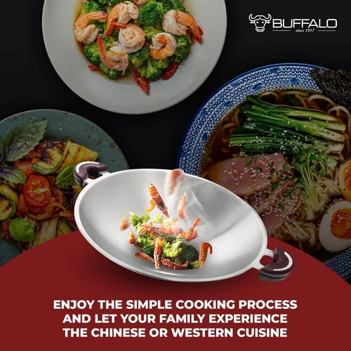Miniatura 7 de BUFFALO Sartén para wok de acero inoxidable con tapa, parte inferior redonda de 14 pulgadas (13.8 in), utensilios de cocina antiadherentes de tres