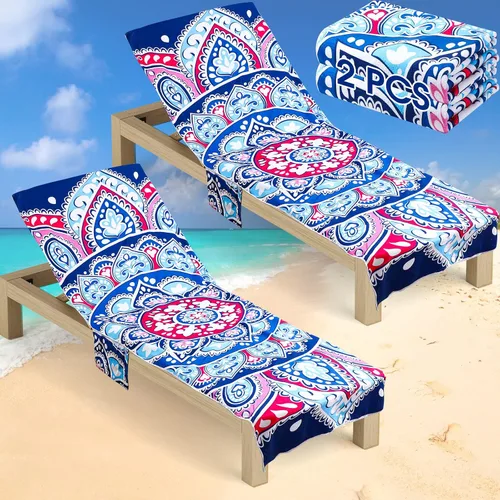 Miniatura 9 de Oudain Juego de 2 fundas de toalla para silla de descanso con bolsillo lateral, diseño de mandala bohemio de microfibra antideslizante para silla