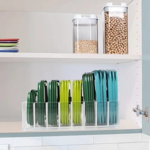 Miniatura 3 de Bawuie Organizador de tapas para contenedores de almacenamiento de alimentos, soporte de tapas de plástico con 7 divisores ajustables para gabinete