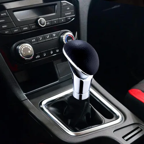 Miniatura 2 de Pomo de palanca de cambios de aleación cubierta de cuero para la mayoría de vehículos automáticos manuales, color negro y plateado