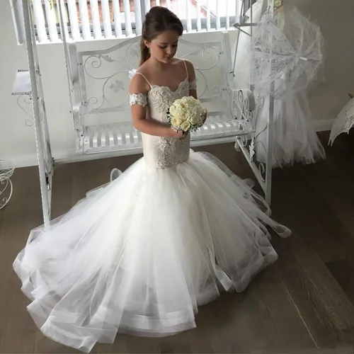 Miniatura 3 de GZCYL - Vestidos de sirena para niñas con encaje de tul para boda, vestido de dama de honor con cola