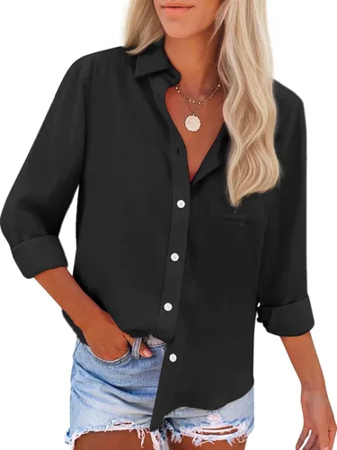Miniatura 14 de Camisas de algodón con botones, para mujer, camisas de vestir Oxford, camisas de trabajo de manga larga, blusas con cuello y bolsillo