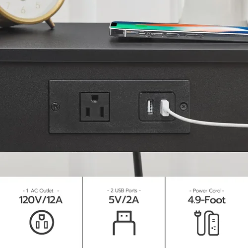 Miniatura 5 de HOOBRO Mesa auxiliar con estación de carga, mesa auxiliar con puertos USB y tomacorriente, mesita de noche con estante de almacenamiento de 2 Negro