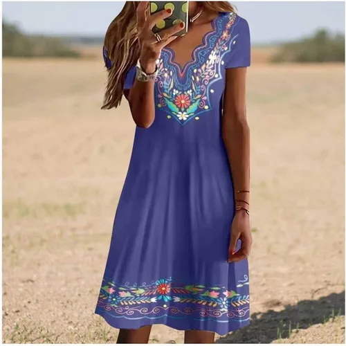 Miniatura 2 de Esopkuu Vestido de manga corta de algodón puro con estampado retro nacional, bordado con cuello en V, diseño de encaje