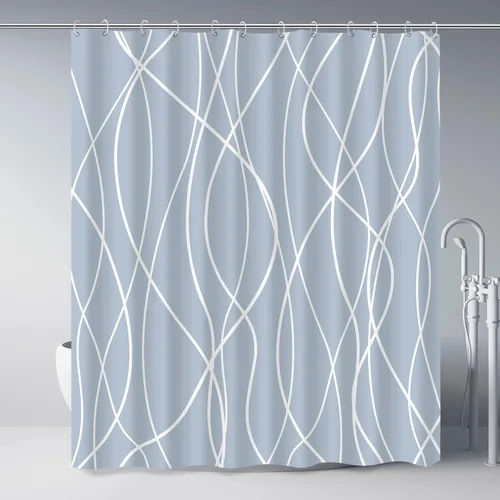 Miniatura 69 de Juego de cortinas de ducha azul egeo para baño con ganchos, cortinas de baño decorativas repelentes al agua y lavables con rayas blancas, 72 x 72