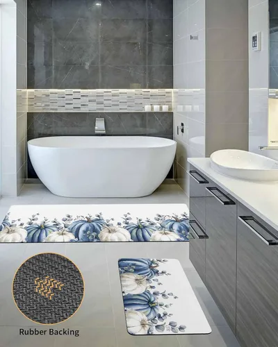 Miniatura 5 de Tapete de baño con calabazas azules y blancas, antideslizante, de secado rápido y absorbente, con tierra de diatomeas, fregadero de cocina, tapete