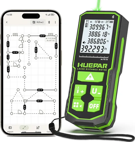 Miniatura 10 de Herramienta de medición láser con aplicación Bluetooth, 200 pies, ± 1/16 pulgadas de alta precisión, medidor de distancia láser de haz verde