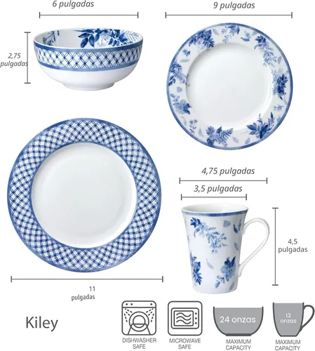 Miniatura 5 de Mikasa Kiley Bone China - Juego de vajilla ligera de 16 piezas resistente a las astillas, servicio para 4, azul y blanco