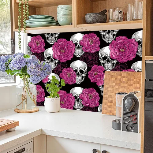 Miniatura 4 de Sugar Skull Penoy Papel Tapiz Floral de Despegar y Pegar para Dormitorio Negro/Blanco/Rojo Papel de Contacto Removible Decoraciones de Pared