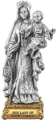 Nuestra Señora del Monte Carmelo Estatua de Santa Patrona de Peltre Fino sobre Base Dorada, fabricada en los Estados Unidos, 4-1/2"
