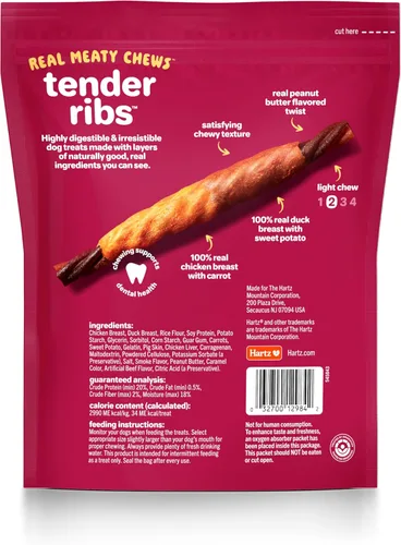Miniatura 3 de Hartz Oinkies Costillas Tiernas con Pollo Real, Pato y Verduras, Golosinas para Perros Sabor a Mantequilla de Maní Sin Cuero Crudo, Masticables
