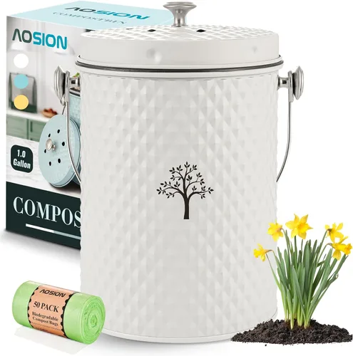 AOSION Contenedor de compostaje para encimera de cocina, contenedor de compostaje interior inodoro con tapa y 50 bolsas de compost, contenedor de