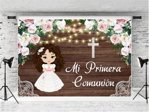 Miniatura 2 de Fondo fotográfico Flores bautismales, panel de pared de madera marrón, cortina de fondo decorativo para estudio de fotografía (5 x 3 pies)