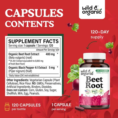 Miniatura 3 de Wild & Organic Cápsulas de raíz de remolacha de 8000 mg - Extracto de remolacha 20:1 - 120 cápsulas veganas - Extracto de pimienta negra para una