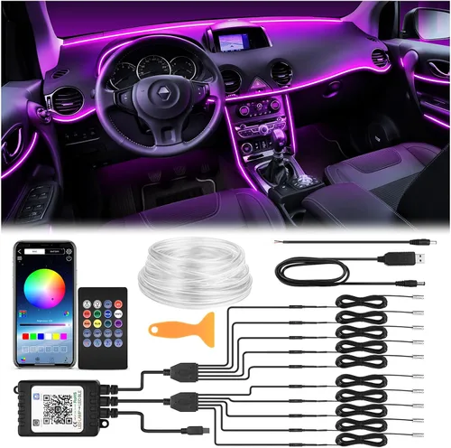 Miniatura 9 de Tira de luces LED para interiores de automóvil de 315 pulgadas, tubo de fibra óptica alimentado por USB, RGB 6 en 1, neón para automóvil