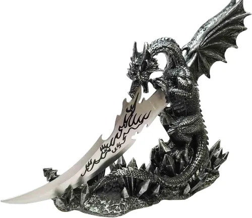 Ebros Medieval Dreamwork Fantasía Dragón Fuego Aliento Daga Abrecartas Cuchillo con soporte de base, estatua de decoración de oficina en casa Figura