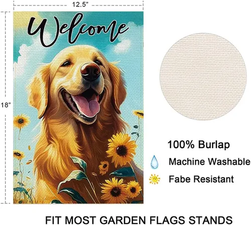 Miniatura 5 de Balgardekor Bandera de jardín de perro de verano Golden Retriever de doble cara de bienvenida para perro, girasol de temporada, decoración floral