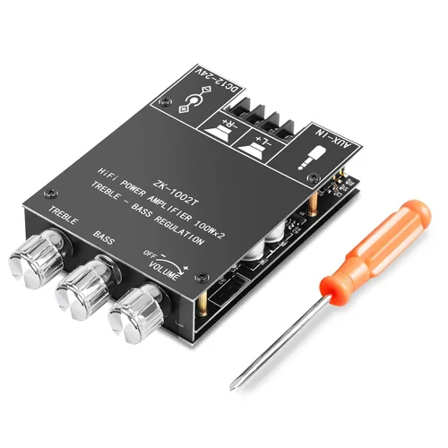 Daakro ZK-1002T Placa amplificadora Bluetooth, placa amplificadora de 100W+100W de 2.0 canales con control de agudos/graves, DC 12-24V, entradas