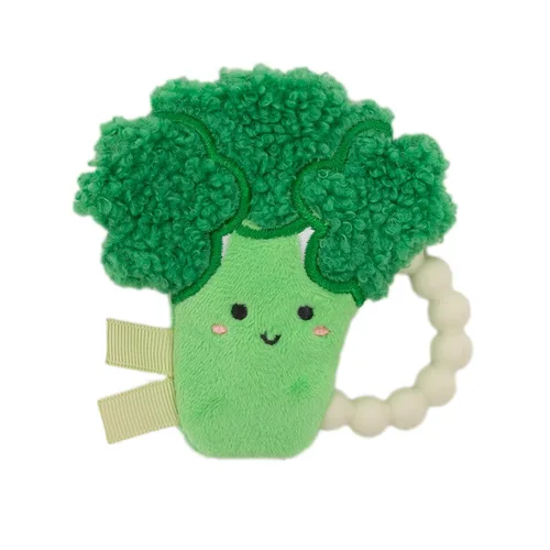 Pearhead Broccoli - Mordedor para bebé, juguete sensorial de felpa suave con anillo de cuentas de silicona sin BPA y sonido arrugado, alivia el