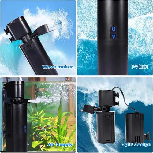 Miniatura 5 de Filtro de acuario U-V de doble cámara, filtro sumergible 4 en 1 para tanques de tortuga de 20 a 75 galones, máquina limpia verde ultra silenciosa