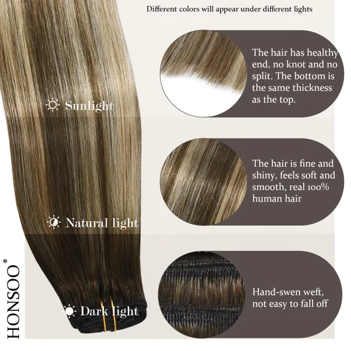 Miniatura 4 de Honsoo Extensiones de cabello humano real con pinzas, color marrón chocolate a rubio, 2.47 onzas, 7 unidades, 15 pulgadas, extensiones de cabello