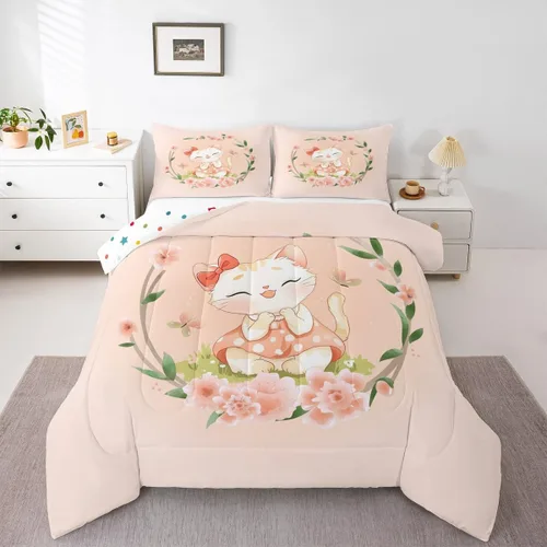 Miniatura 18 de Erosebridal Lindo juego de edredón con diseño de gatos, ropa de cama con temática de animales, edredón y juegos de ropa de cama de flores coloridas