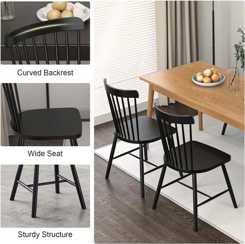Miniatura 4 de Juego de 8 sillas de comedor estilo granja, sillas Windsor de madera de goma maciza con respaldo de husillo, muebles modernos de mediados de siglo