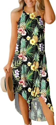 For G and PL - Vestido largo playero casual con escote halter y abertura lateral para mujer, vestido playero para vacaciones de verano 2024
