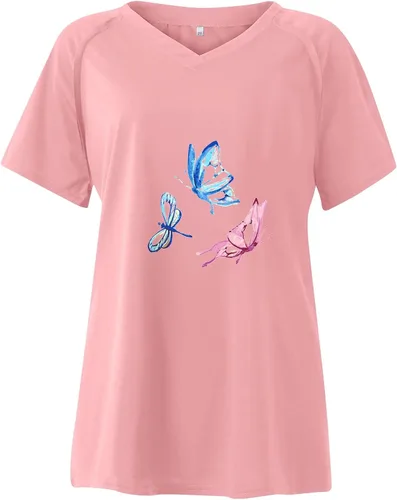 Miniatura 3 de Camisas cómodas de manga corta con cuello en V para mujer, camisetas con estampado de mariposa, blusas casuales con estampado de diente de león