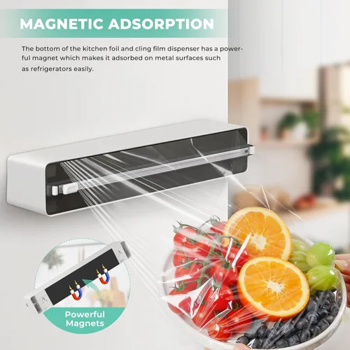 Miniatura 3 de Dispensador magnético de envoltura de plástico con cortador, práctico organizador de papel de aluminio recargable y envoltura de plástico
