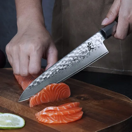 Miniatura 6 de SAMCOOK - Cuchillo de chef japonés – Cuchillo de cocina profesional de 8 pulgadas con acabado martillado de Damasco, cuchillo de cocina de acero