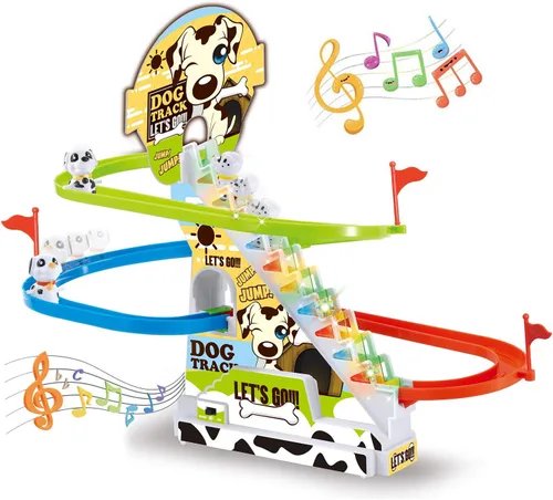 Dalmatian Racer - Juguete deslizante para escaleras, pista de carreras de perros con luces LED y música para niños pequeños