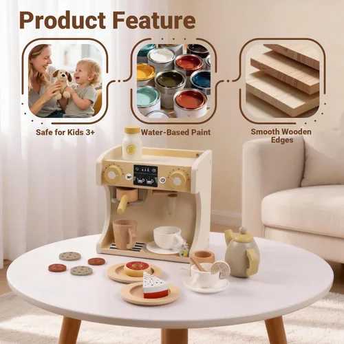 Miniatura 4 de Freniland Juego de cafetera de madera para niños pequeños, máquina de espresso de lujo con accesorios, juguete de cocina Montessori para niños a