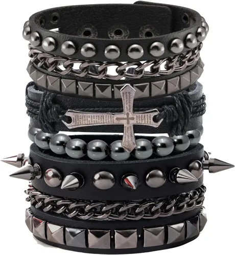 Miniatura 17 de Eigso Pulseras de cuero punk rock para hombres y mujeres, estilo retro, vintage, cadena de los años 80, para hombre y mujer
