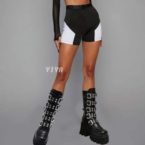 Miniatura 2 de YIYA - Botas de combate a media pantorrilla con estoperoles para mujer, botas de plataforma góticas negras, botines de plataforma con hebilla