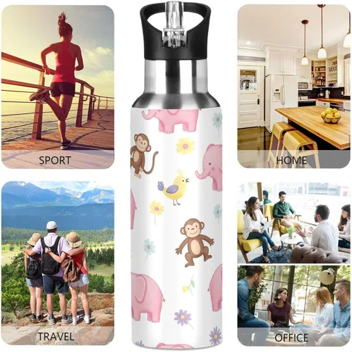 Miniatura 5 de BPA-Free Sports Water Bottle with Straw 20 Oz, Stainless Steel Vacuum Insulated Water Bottle for Gym Outdoor Travel School, Cute Elephants