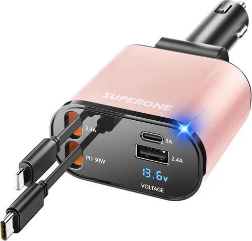 Miniatura 13 de SUPERONE - Cargador retráctil para automóvil 4 en 1, cargador de teléfono rápido para automóvil con cable de 2.6 pies, USB C y adaptador
