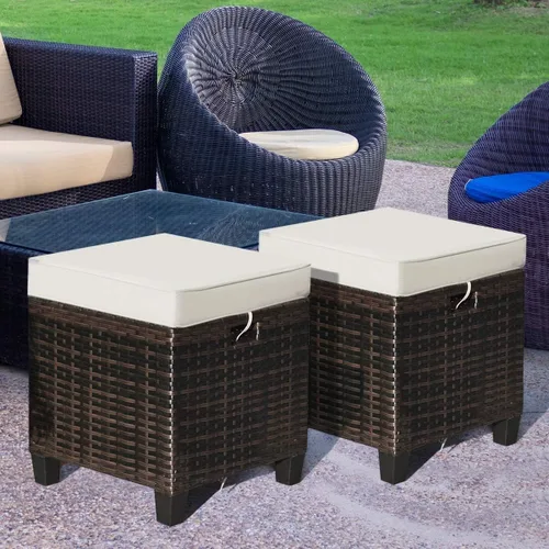 HAPPYGRILL Juego otomano de 2 piezas para patio al aire libre de mimbre de ratán con cojines extraíbles, muebles de patio, reposapiés, asiento para