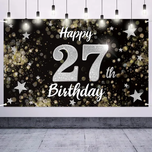 Miniatura 13 de Decoración de feliz cumpleaños 37, cartel grande de fondo de cumpleaños de 37 años con estrella de ensueño negro y plateado – Decoración de fiesta