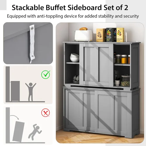 Miniatura 5 de Costzon Aparador Gabinete Buffet, Gabinete de Almacenamiento de Cocina de Madera con Estante Ajustable, Puerta Corrediza de Granero, Gabinete
