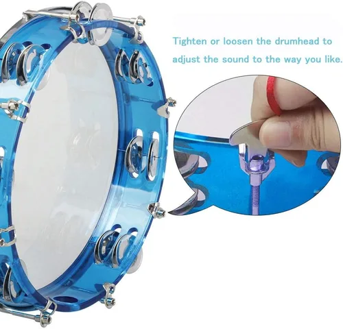 Miniatura 3 de ENNBOM Pandereta Ajustable Tono Mano Tambor Doble Fila Cascabeles de Metal Campana de Mano Nivel de Actuación Pandereta de Percusión de Mano (Azul)