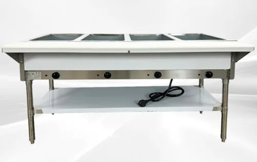 Calentador eléctrico de mesa de vapor comercial 58 pulgadas de ancho 4 pozos abiertos certificado NSF acero inoxidable con estante inferior y tabla