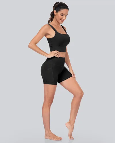 Miniatura 4 de CHRLEISURE - 6 paquetes de pantalones cortos de mujer estilo biker con bolsillo, pantalones cortos de elastano de control de abdomen de 5 pulgadas