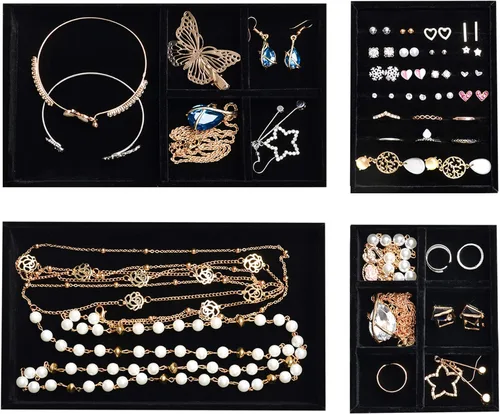 Miniatura 6 de Frebeauty Joyero de acrílico con 4 cajones, organizador de joyas transparente, anillos de terciopelo, collares, aretes, pulseras, vitrina, bandeja