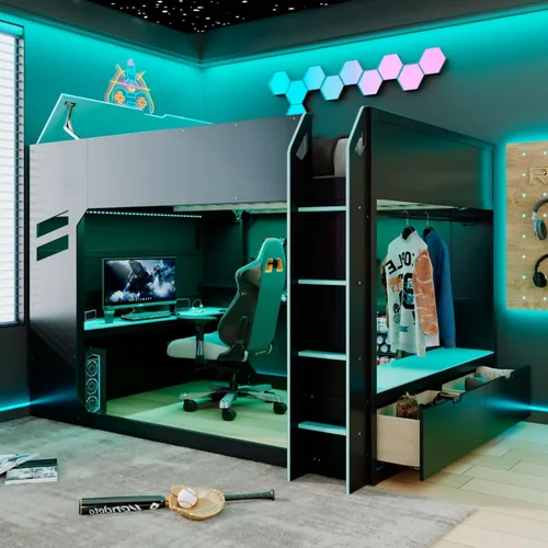 Cama tipo loft de tamaño matrimonial con escritorio ajustable en altura y litera superior y caja de almacenamiento LED, marco de madera con barra