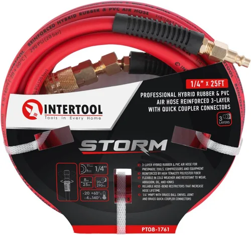 Miniatura 5 de INTERTOOL Manguera de compresor de aire 1/4-pulgada x 25 pies, ligera con acoplador rápido resistente y enchufe de servicio pesado - Resistente a